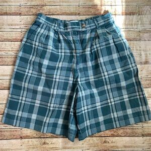 Vintage Talbots Teal Plaid Pleated High Waisted Shorts Size 8